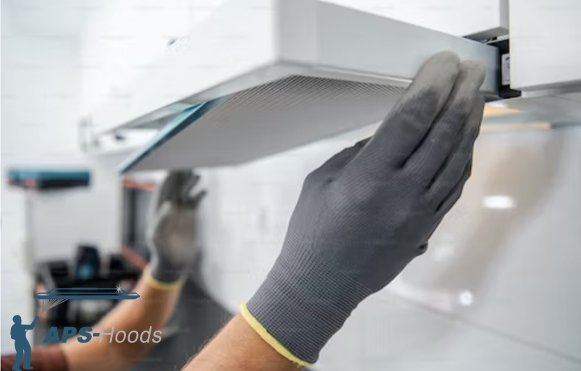 Disassembled commercial kitchen hood components laid out for thorough cleaning and maintenance